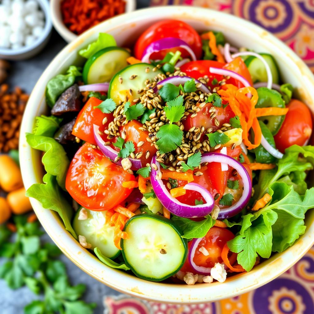A vibrant and colorful Indian salad showcasing a variety of fresh ingredients