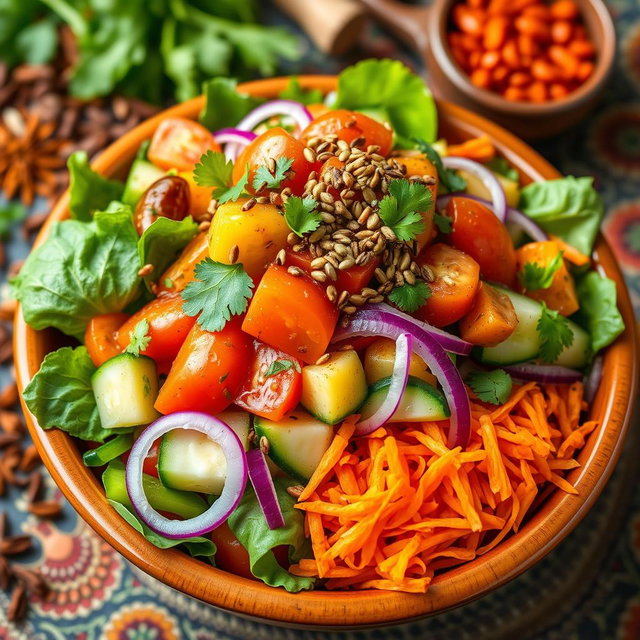 A vibrant and colorful Indian salad showcasing a variety of fresh ingredients