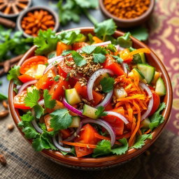 A vibrant and colorful Indian salad showcasing a variety of fresh ingredients