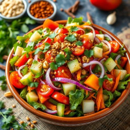 A vibrant and colorful Indian salad showcasing a variety of fresh ingredients