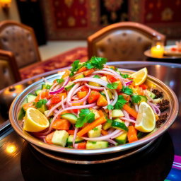 A vibrant Indian salad platter featuring a colorful mix of vegetables like cucumbers, tomatoes, onions, and carrots, garnished with fresh coriander and lemon wedges