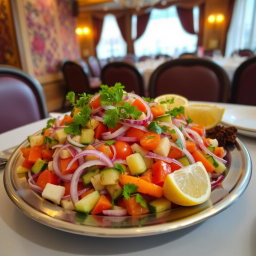 A vibrant Indian salad platter featuring a colorful mix of vegetables like cucumbers, tomatoes, onions, and carrots, garnished with fresh coriander and lemon wedges