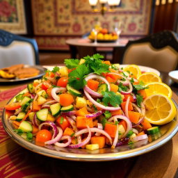 A vibrant Indian salad platter featuring a colorful mix of vegetables like cucumbers, tomatoes, onions, and carrots, garnished with fresh coriander and lemon wedges