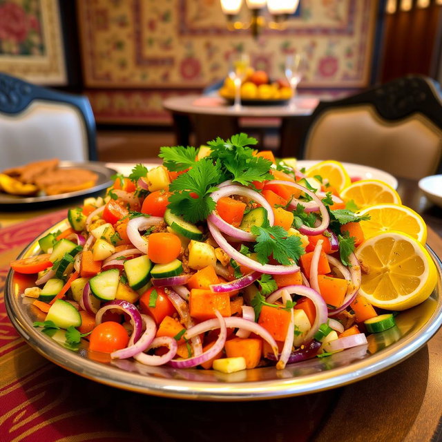 A vibrant Indian salad platter featuring a colorful mix of vegetables like cucumbers, tomatoes, onions, and carrots, garnished with fresh coriander and lemon wedges