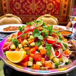 A vibrant Indian salad platter featuring a colorful mix of vegetables like cucumbers, tomatoes, onions, and carrots, garnished with fresh coriander and lemon wedges