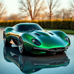 A futuristic car design inspired by the Jaguar E-Type Series 1, showcasing a sleek and elongated body with a seamless aerodynamic shape