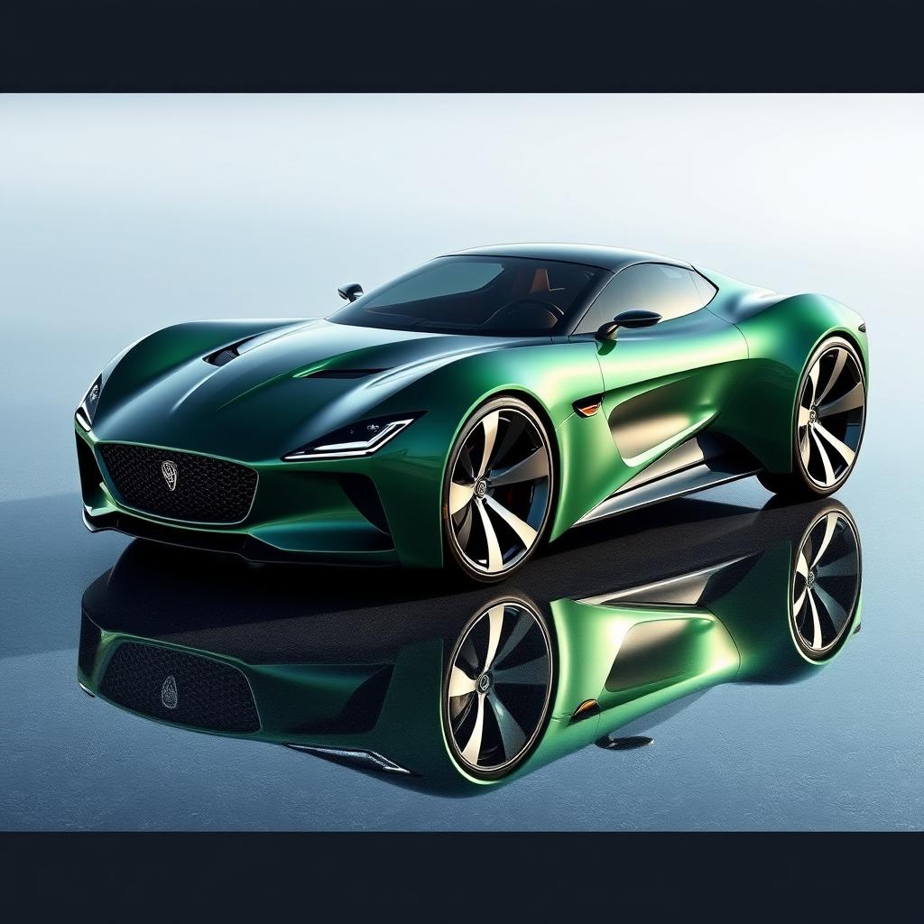 A futuristic car design inspired by the Jaguar E-Type Series 1, showcasing a sleek and elongated body with a seamless aerodynamic shape