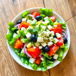 A vibrant and fresh salad featuring the classic ingredients of a typical Betis salad, including bright green leafy vegetables, ripe tomatoes, diced cucumbers, black olives, red onions, and crumbled feta cheese