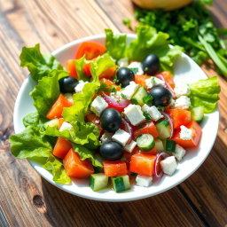 A vibrant and fresh salad featuring the classic ingredients of a typical Betis salad, including bright green leafy vegetables, ripe tomatoes, diced cucumbers, black olives, red onions, and crumbled feta cheese