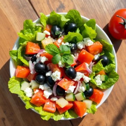 A vibrant and fresh salad featuring the classic ingredients of a typical Betis salad, including bright green leafy vegetables, ripe tomatoes, diced cucumbers, black olives, red onions, and crumbled feta cheese