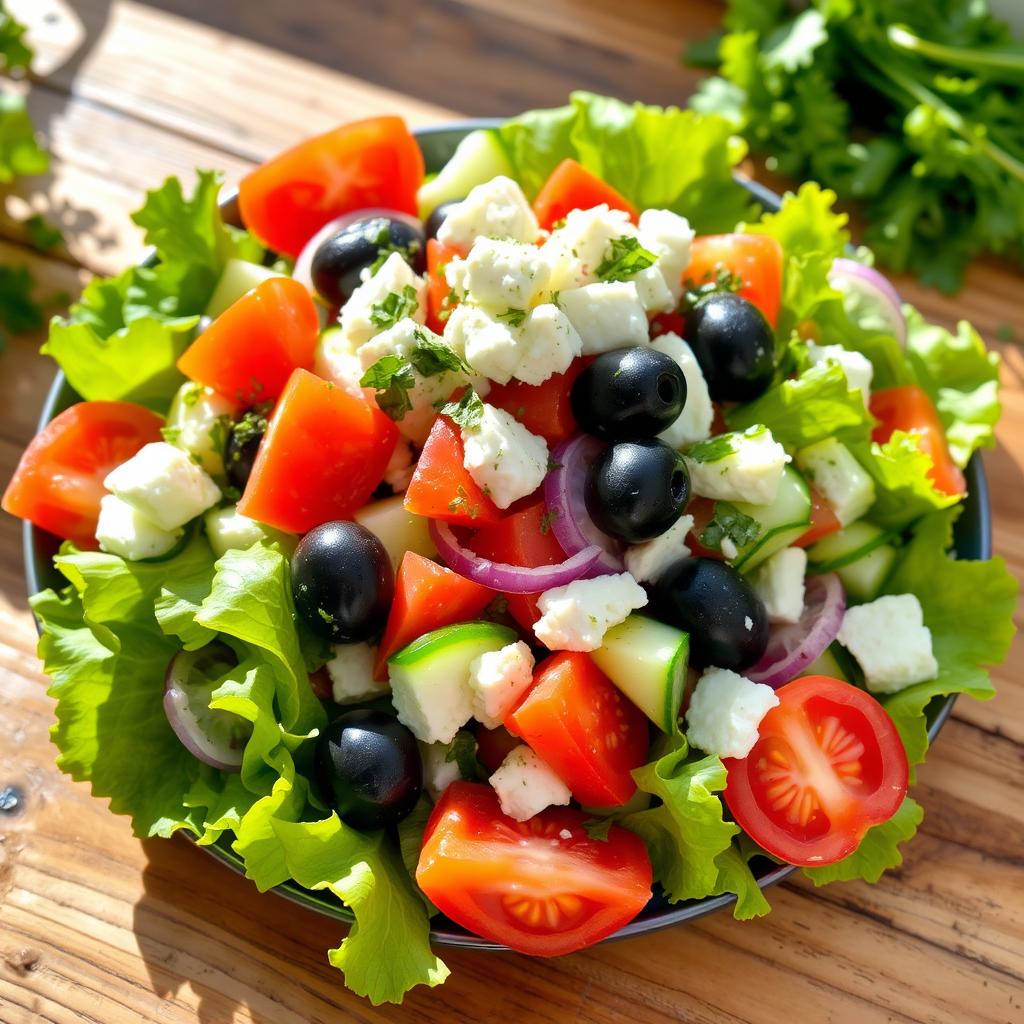A vibrant and fresh salad featuring the classic ingredients of a typical Betis salad, including bright green leafy vegetables, ripe tomatoes, diced cucumbers, black olives, red onions, and crumbled feta cheese