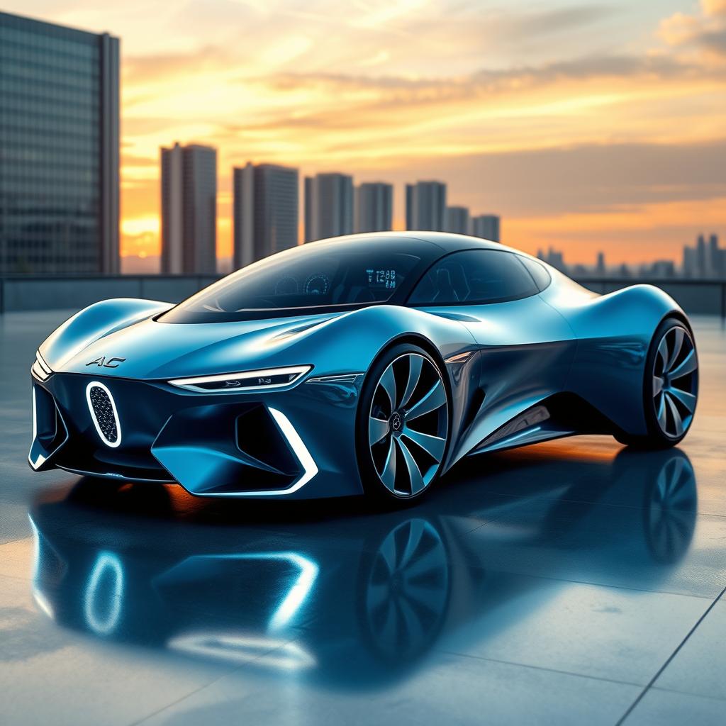 A futuristic car design inspired by the AC 3000 ME, showcasing a streamlined and aerodynamic shape that enhances its distinct features