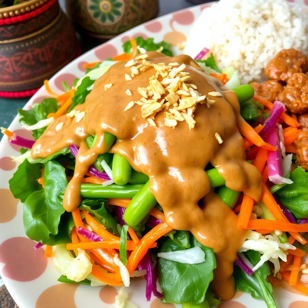 A colorful platter of Pecel Salad, featuring a vibrant assortment of vegetables such as steamed spinach, grated carrots, green bean, and cabbage all beautifully arranged