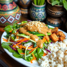 A colorful platter of Pecel Salad, featuring a vibrant assortment of vegetables such as steamed spinach, grated carrots, green bean, and cabbage all beautifully arranged