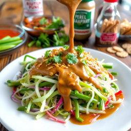 A vibrant and colorful plate of Pecel salad, featuring a mix of fresh vegetables such as cucumber, bean sprouts, long green beans, and cabbage, topped with a rich, thick peanut sauce that is drizzling over the top