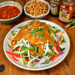 A vibrant and colorful plate of Pecel salad, featuring a mix of fresh vegetables such as cucumber, bean sprouts, long green beans, and cabbage, topped with a rich, thick peanut sauce that is drizzling over the top