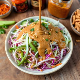 A vibrant and colorful plate of Pecel salad, featuring a mix of fresh vegetables such as cucumber, bean sprouts, long green beans, and cabbage, topped with a rich, thick peanut sauce that is drizzling over the top