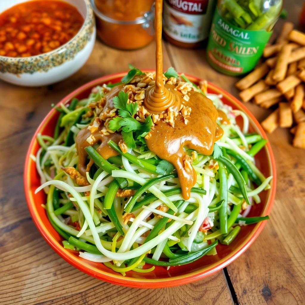 A vibrant and colorful plate of Pecel salad, featuring a mix of fresh vegetables such as cucumber, bean sprouts, long green beans, and cabbage, topped with a rich, thick peanut sauce that is drizzling over the top