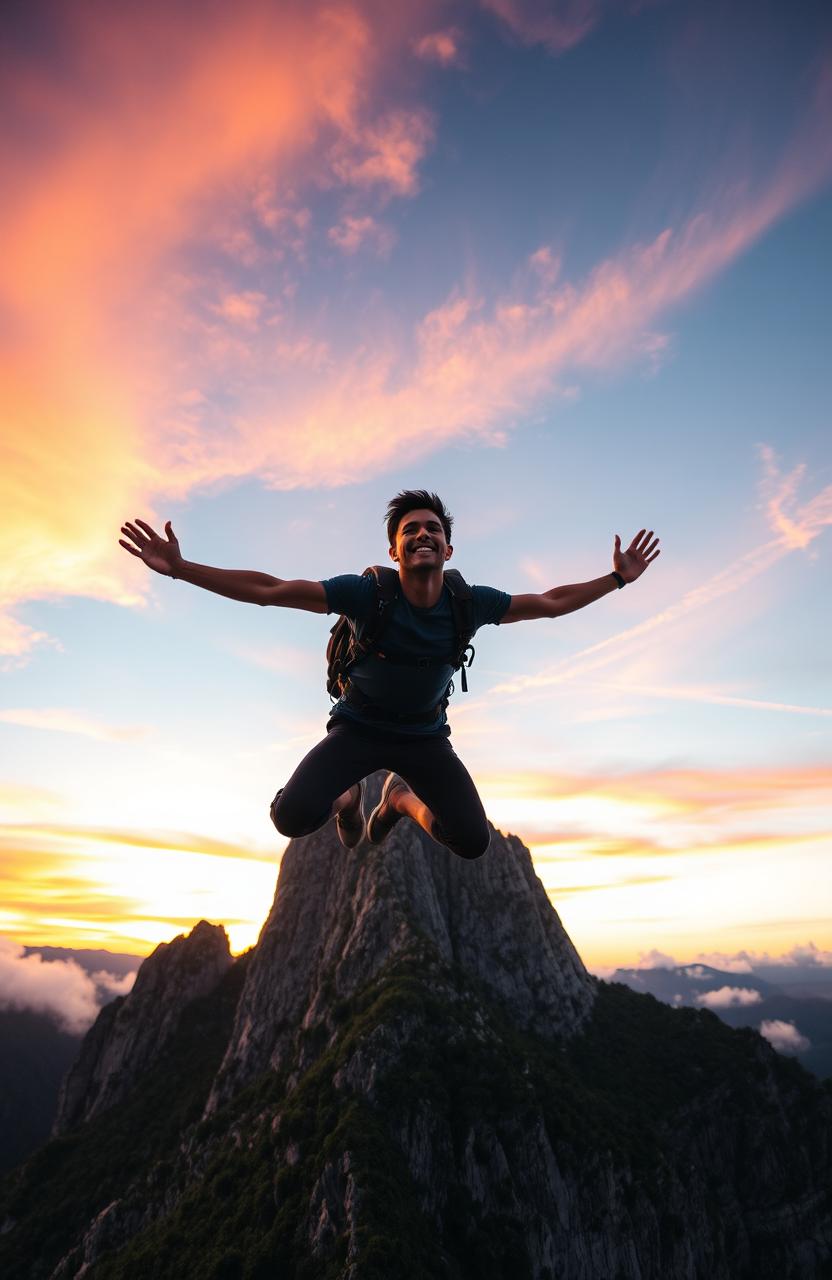 A young man soaring through the air from a towering mountain, silhouetted against a stunning sunset