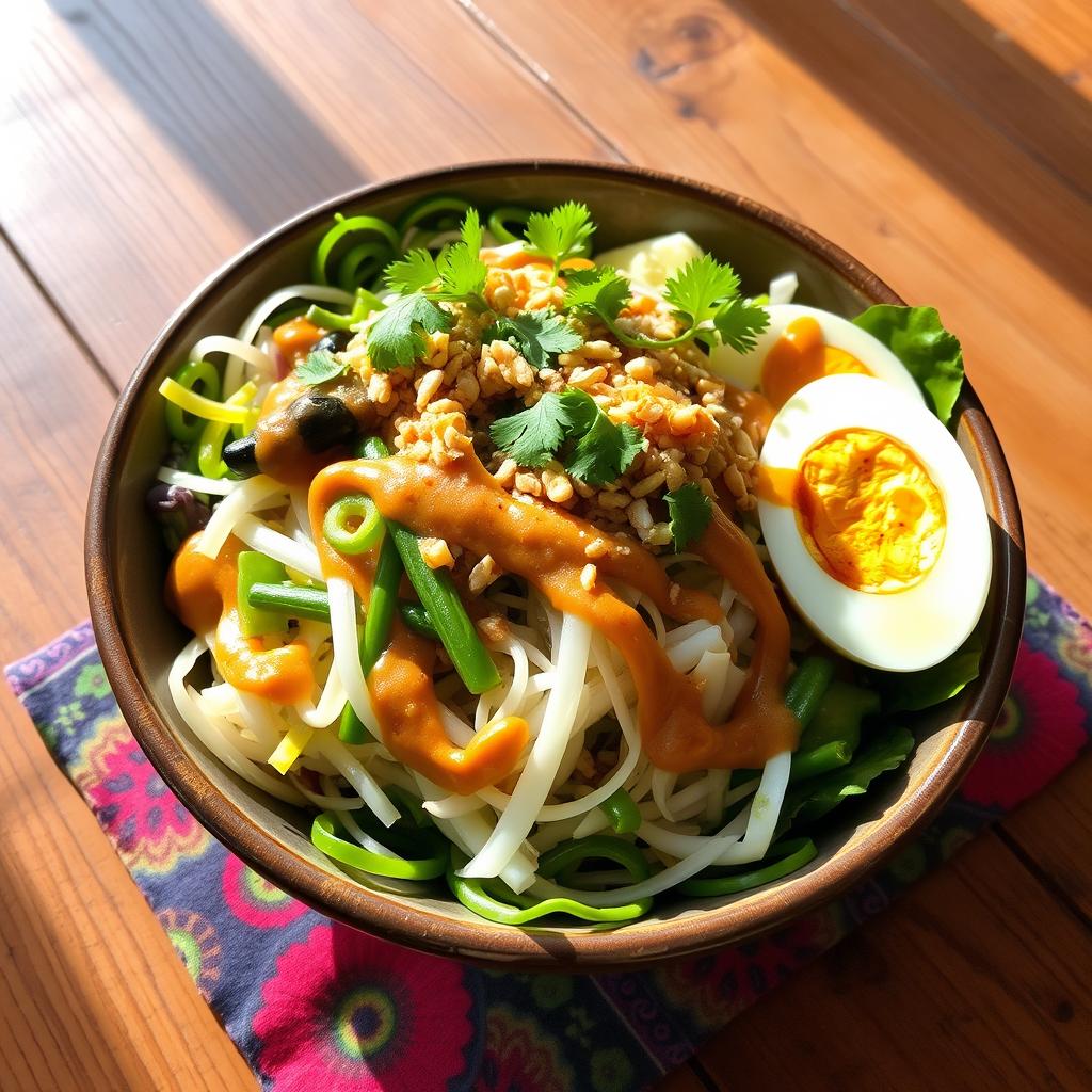 A delicious bowl of Pecel Salad, a traditional Indonesian dish showcasing a variety of steamed and fresh vegetables such as bean sprouts, long green beans, cabbage, and spinach, all beautifully arranged in a vibrant display