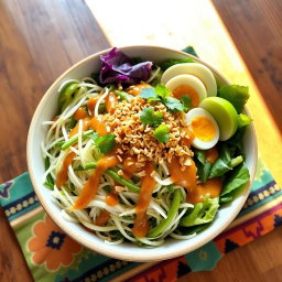 A delicious bowl of Pecel Salad, a traditional Indonesian dish showcasing a variety of steamed and fresh vegetables such as bean sprouts, long green beans, cabbage, and spinach, all beautifully arranged in a vibrant display
