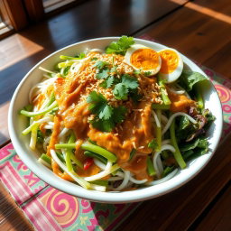 A delicious bowl of Pecel Salad, a traditional Indonesian dish showcasing a variety of steamed and fresh vegetables such as bean sprouts, long green beans, cabbage, and spinach, all beautifully arranged in a vibrant display