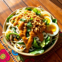 A delicious bowl of Pecel Salad, a traditional Indonesian dish showcasing a variety of steamed and fresh vegetables such as bean sprouts, long green beans, cabbage, and spinach, all beautifully arranged in a vibrant display