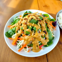 A beautifully arranged plate of Pecel Salad, showcasing a vibrant assortment of steamed vegetables including spinach, bean sprouts, and sliced carrots, all drizzled with a rich and creamy peanut sauce