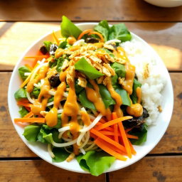 A beautifully arranged plate of Pecel Salad, showcasing a vibrant assortment of steamed vegetables including spinach, bean sprouts, and sliced carrots, all drizzled with a rich and creamy peanut sauce