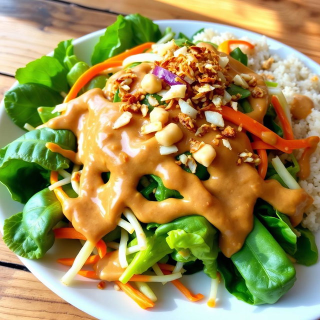 A beautifully arranged plate of Pecel Salad, showcasing a vibrant assortment of steamed vegetables including spinach, bean sprouts, and sliced carrots, all drizzled with a rich and creamy peanut sauce