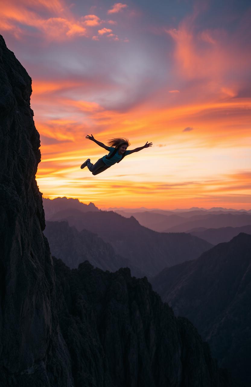 A light-haired young man soaring down from a massive mountain against the backdrop of a stunning sunset