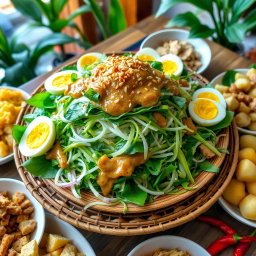 A beautiful and vibrant Pecel salad beautifully arranged on a traditional Indonesian woven plate