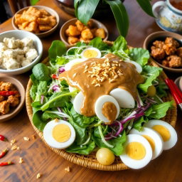 A beautiful and vibrant Pecel salad beautifully arranged on a traditional Indonesian woven plate