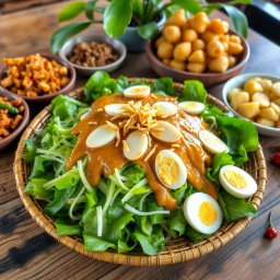 A beautiful and vibrant Pecel salad beautifully arranged on a traditional Indonesian woven plate