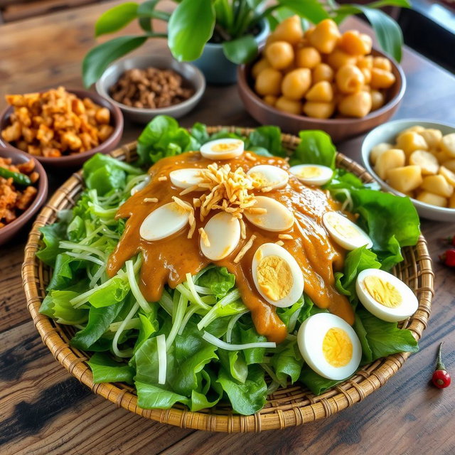 A beautiful and vibrant Pecel salad beautifully arranged on a traditional Indonesian woven plate