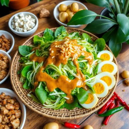 A beautiful and vibrant Pecel salad beautifully arranged on a traditional Indonesian woven plate