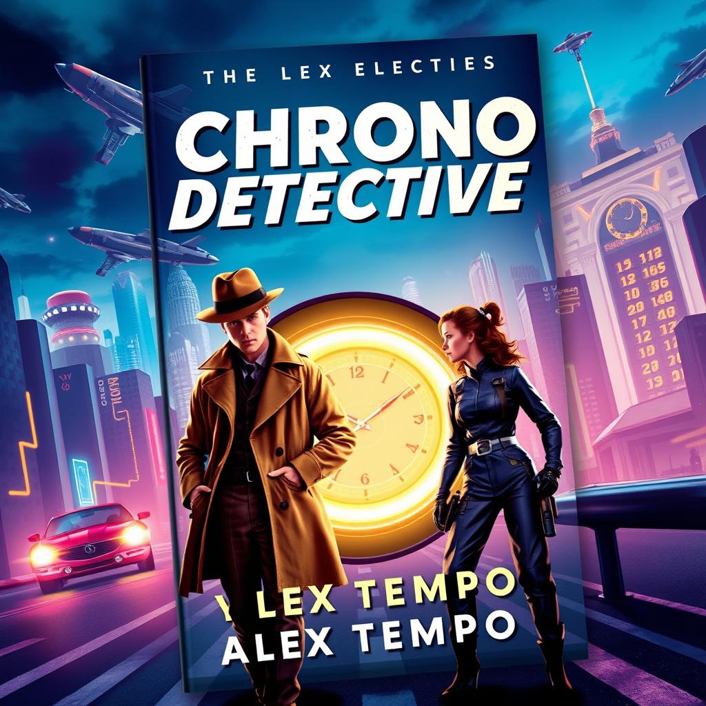 A book cover design for 'Chrono Detectives' by Alex Tempo, featuring a retro-futuristic style that blends elements of 1940s aesthetics with futuristic technology