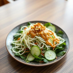 A beautifully arranged pecel salad, featuring a vibrant assortment of fresh vegetables such as blanched bean sprouts, crisp water spinach, cucumber slices, and jaggery-sweetened peanut sauce drizzled on top