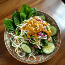 A beautifully arranged pecel salad, featuring a vibrant assortment of fresh vegetables such as blanched bean sprouts, crisp water spinach, cucumber slices, and jaggery-sweetened peanut sauce drizzled on top