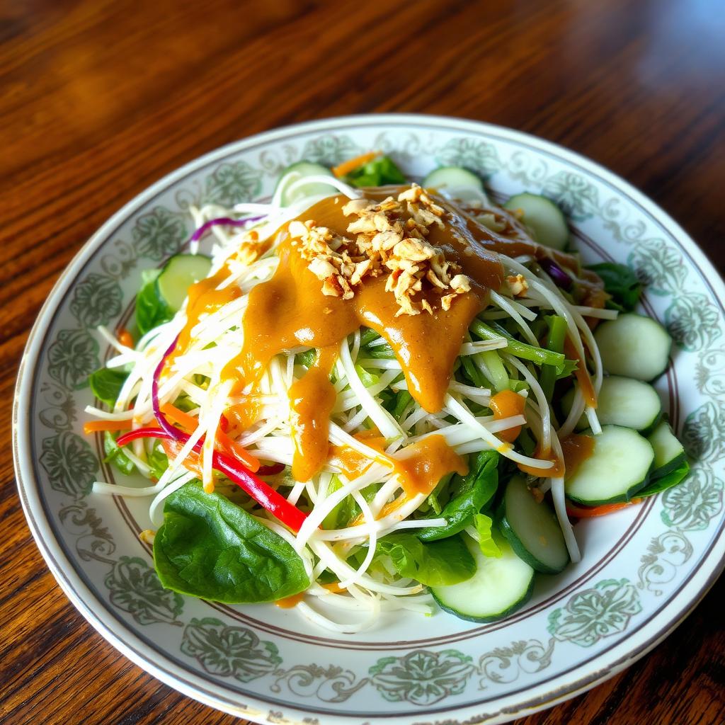 A beautifully arranged pecel salad, featuring a vibrant assortment of fresh vegetables such as blanched bean sprouts, crisp water spinach, cucumber slices, and jaggery-sweetened peanut sauce drizzled on top