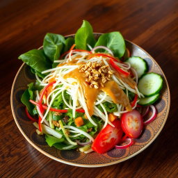 A beautifully arranged pecel salad, featuring a vibrant assortment of fresh vegetables such as blanched bean sprouts, crisp water spinach, cucumber slices, and jaggery-sweetened peanut sauce drizzled on top
