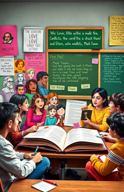 A vibrant and creative representation of a high school English project, showcasing various literary themes such as love, conflict, and identity