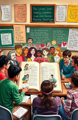 A vibrant and creative representation of a high school English project, showcasing various literary themes such as love, conflict, and identity