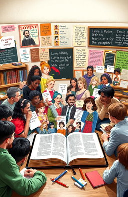 A vibrant and creative representation of a high school English project, showcasing various literary themes such as love, conflict, and identity