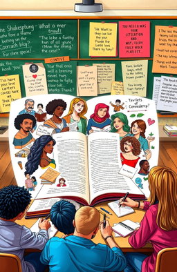 A vibrant and creative representation of a high school English project, showcasing various literary themes such as love, conflict, and identity