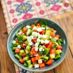A vibrant, colorful plate of 'Ensalada de Nopales', showcasing diced cactus paddles (nopales) mixed with fresh tomatoes, onions, cilantro, and avocado