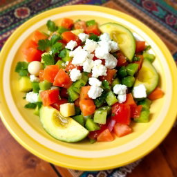A vibrant, colorful plate of 'Ensalada de Nopales', showcasing diced cactus paddles (nopales) mixed with fresh tomatoes, onions, cilantro, and avocado