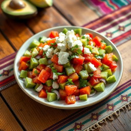 A vibrant, colorful plate of 'Ensalada de Nopales', showcasing diced cactus paddles (nopales) mixed with fresh tomatoes, onions, cilantro, and avocado