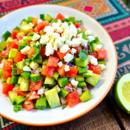 A vibrant, colorful plate of 'Ensalada de Nopales', showcasing diced cactus paddles (nopales) mixed with fresh tomatoes, onions, cilantro, and avocado