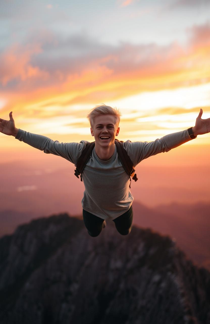 A young man with light blonde hair soaring through the sky with his arms outstretched, set against the backdrop of a breathtaking sunset